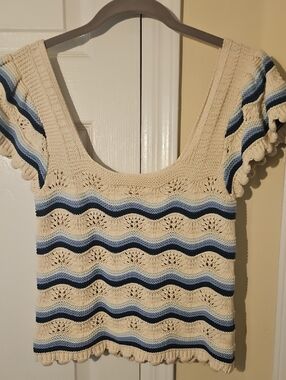 Jessica Simpson Crochet Scoop Neck Stripe Knit Top - Cream & Blue - NWOT